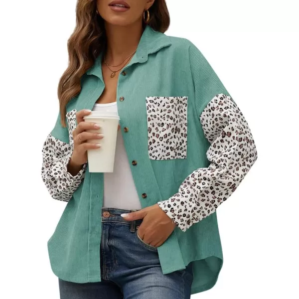 imagechouyatou Fall Fashion Blouses Tops for Women 2021 Contrast Leopard Corduroy Button Loose Oversized Batwing Shirt ShacketGreen