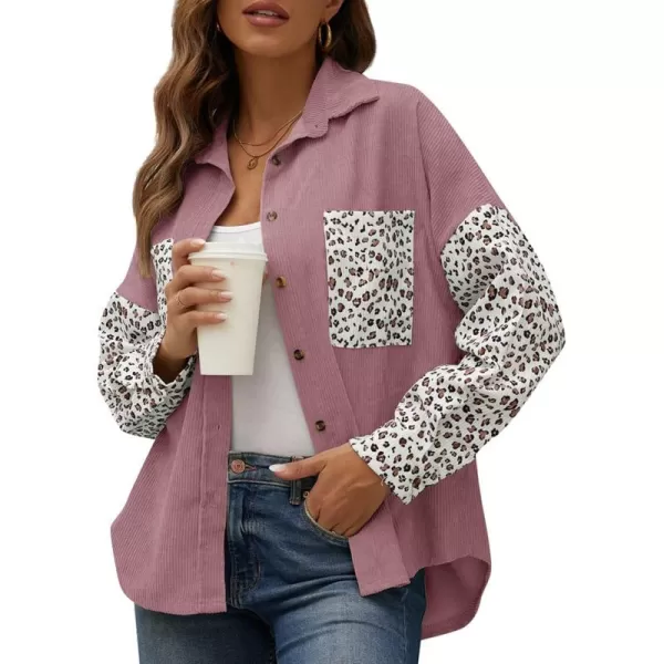 imagechouyatou Fall Fashion Blouses Tops for Women 2021 Contrast Leopard Corduroy Button Loose Oversized Batwing Shirt ShacketPink