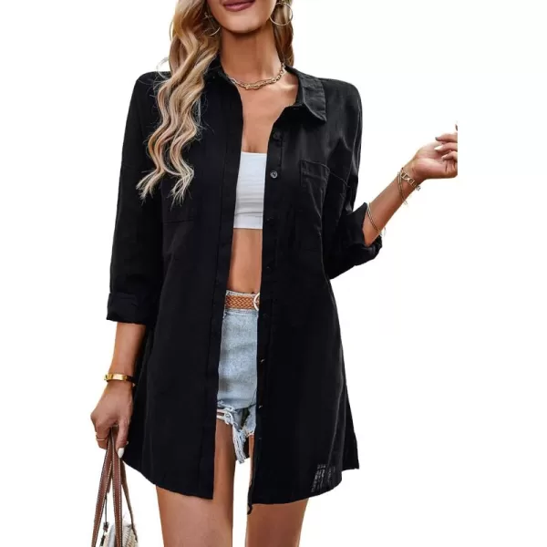 imagechouyatou Women Midi Long Linen Button Down Shirt Collared Casual Loose Long Sleeve Work Blouse Summer TopBlack