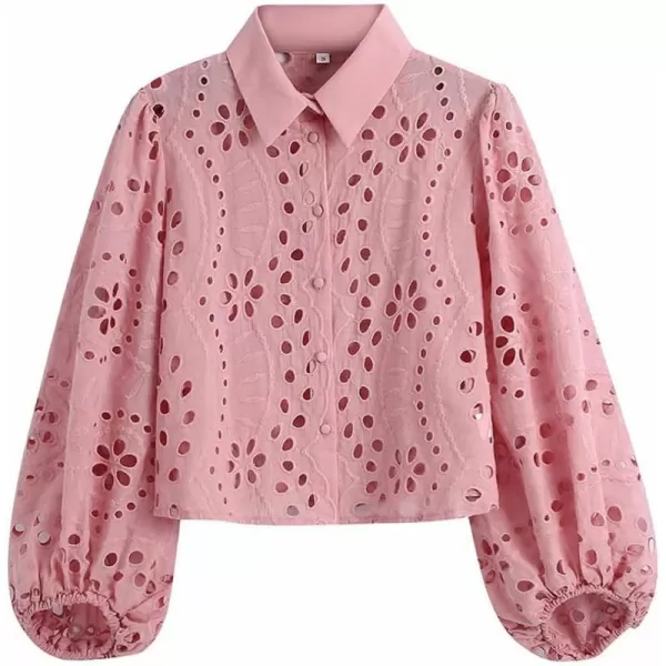 imagechouyatou Women Spring Long Sleeve Hollow Out Lace Top Summer Collared Button Down Shirt Work BlousesPink
