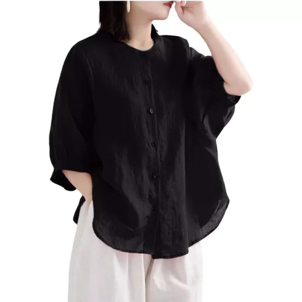 imagechouyatou Women Summer Casual Lantern 34 Sleeve Button Down Cotton Linen Shirts Loose Dolman Top BlouseBlack