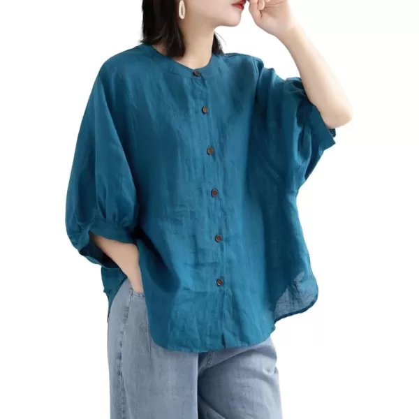 imagechouyatou Women Summer Casual Lantern 34 Sleeve Button Down Cotton Linen Shirts Loose Dolman Top BlouseDark Blue