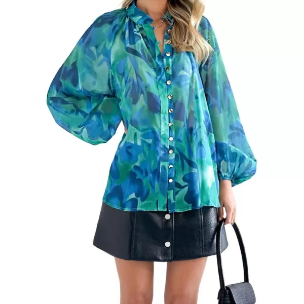 imagechouyatou Womens Boho Colorful Lantern Long Sleeve Button Down Floral Print Oversized Blouse Shirt TopsBlue