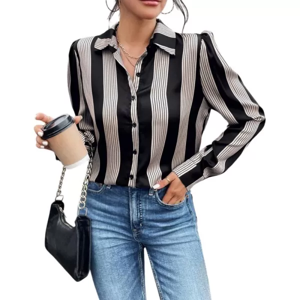 imagechouyatou Womens Button Down Floral Stripe Shirt Long Sleeve Lapel V Neck Loose Casual Work Blouse TopStripe Black