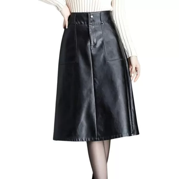 imagechouyatou Womens Casual High Waist Pu Leather Skirts ALine Faux Leather Midi Long Skirt with PocketsBlack