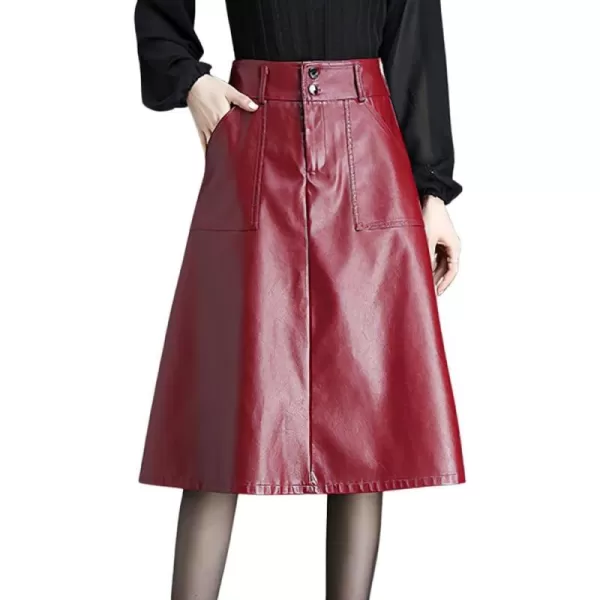 imagechouyatou Womens Casual High Waist Pu Leather Skirts ALine Faux Leather Midi Long Skirt with PocketsRed