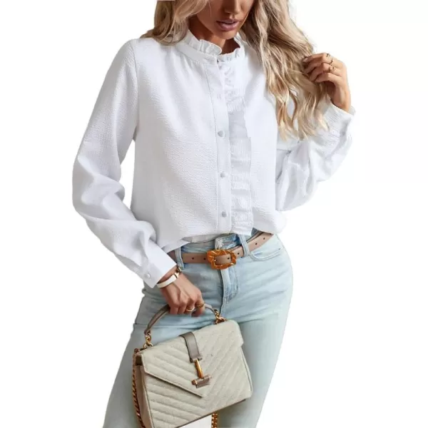 imagechouyatou Womens Casual Loose Fit Long Sleeve Solid Striped Button Down Ruffle Babydoll Shirt Blouse TopsWhite