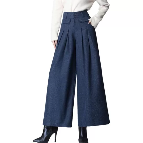 imagechouyatou Womens Casual Wide Leg Wool Blend Pants Baggy Culotte Elastic Waist Loose Trousers with BeltBlue