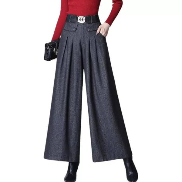 imagechouyatou Womens Casual Wide Leg Wool Blend Pants Baggy Culotte Elastic Waist Loose Trousers with BeltDark Grey