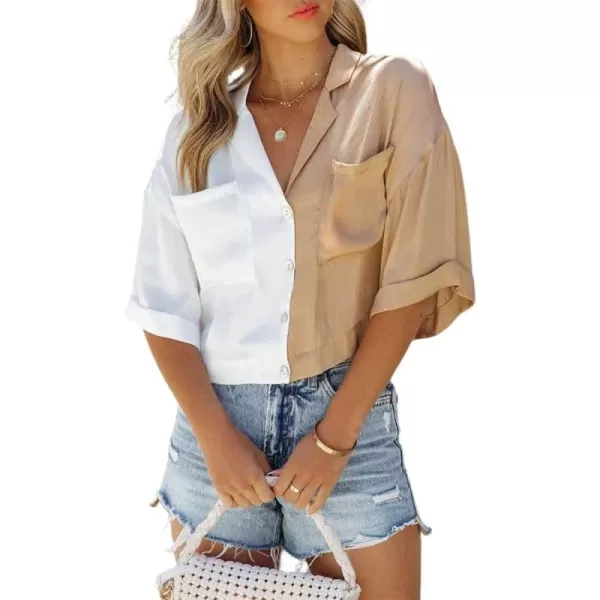 imagechouyatou Womens Color Block Short Sleeve Button Down Notched Lapel Business Casual Crop Blouse Shirt TopsBrown White