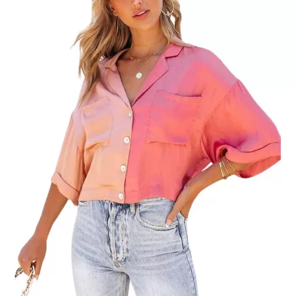 imagechouyatou Womens Color Block Short Sleeve Button Down Notched Lapel Business Casual Crop Blouse Shirt TopsRose Red