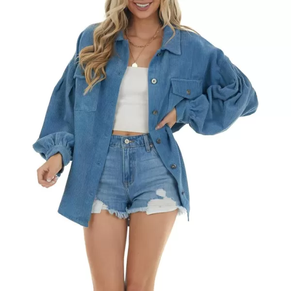 imagechouyatou Womens Corduroy Button Down Shirt Casual Long Lantern Sleeve Blouse Shacket TopsBlue