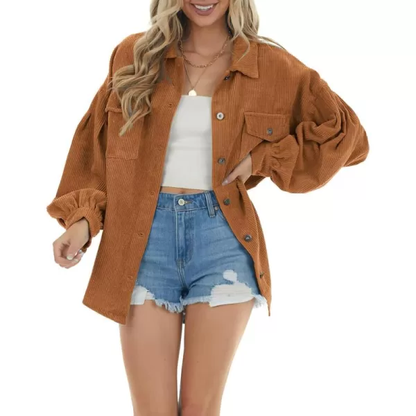 imagechouyatou Womens Corduroy Button Down Shirt Casual Long Lantern Sleeve Blouse Shacket TopsCaramel