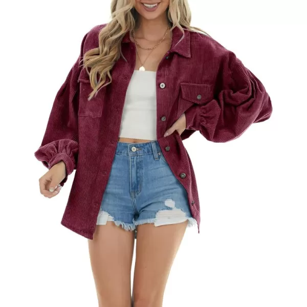 imagechouyatou Womens Corduroy Button Down Shirt Casual Long Lantern Sleeve Blouse Shacket TopsWine Red