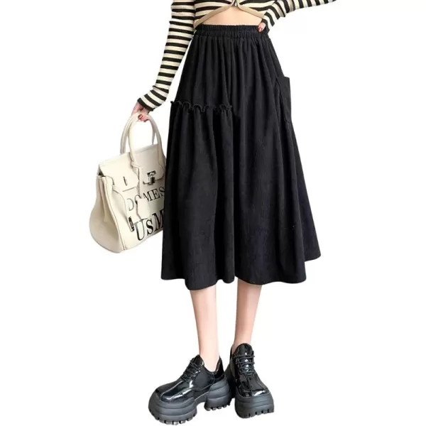 imagechouyatou Womens Elastic Waist Corduroy Skirts Vintage Frill ALine Pocket Corduroy Midi Long SkirtBlack