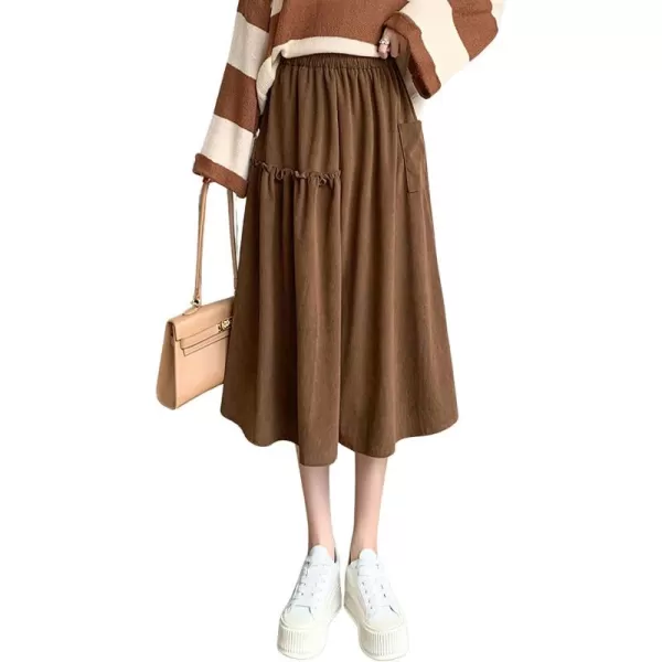 imagechouyatou Womens Elastic Waist Corduroy Skirts Vintage Frill ALine Pocket Corduroy Midi Long SkirtBrown