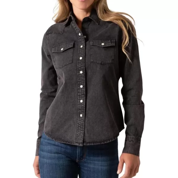 imagechouyatou Womens Fall Casual Denim Shirts Long Sleeve Button Down Washed Jean Shirt Blouse TopsBlack