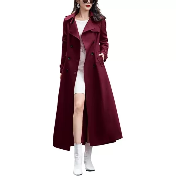 imagechouyatou Womens Fall Dressy Office Double Breasted Maxi Long Trench Coat OvercoatWine Red