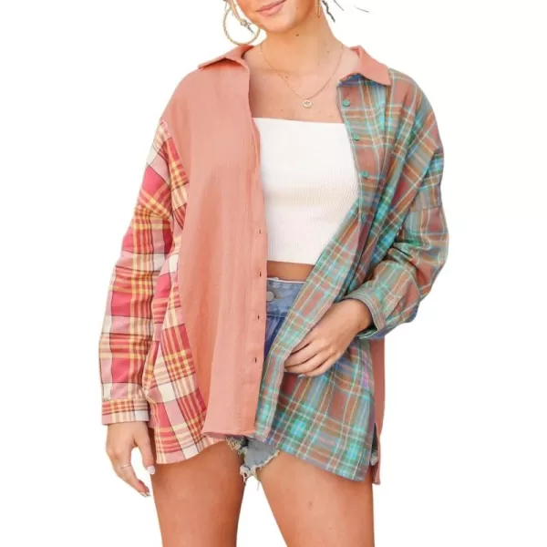 imagechouyatou Womens Fall Oversized Color Block Plaid Print Patchwork Shirt Blouse Tops with Side SlitOrange