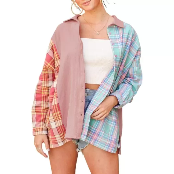 imagechouyatou Womens Fall Oversized Color Block Plaid Print Patchwork Shirt Blouse Tops with Side SlitPink