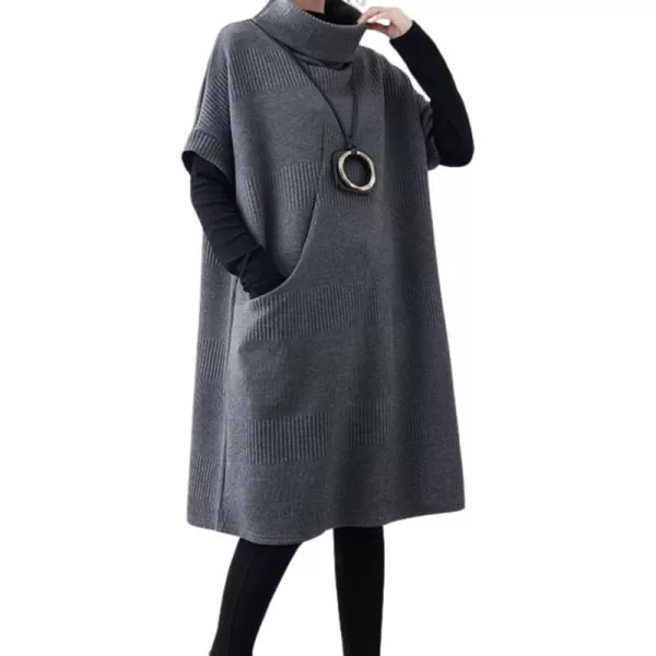 imagechouyatou Womens Fall Winter Oversized Turtleneck Midi Sweater Vest Dress Loose Knit Tunic Sweater Dress Pullover TopGrey