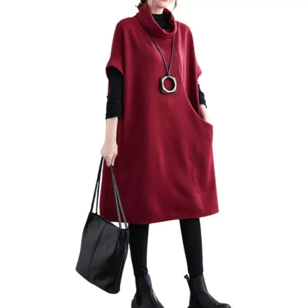 imagechouyatou Womens Fall Winter Oversized Turtleneck Midi Sweater Vest Dress Loose Knit Tunic Sweater Dress Pullover TopRed