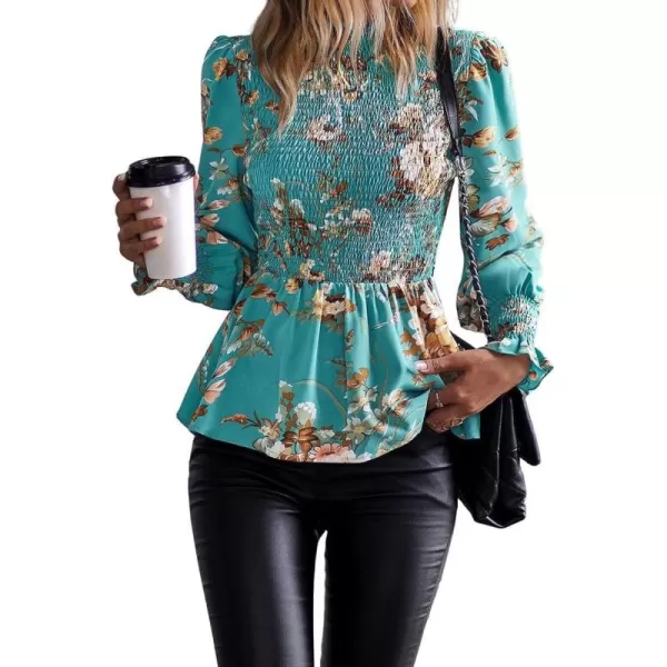 imagechouyatou Womens Floral Printed Puff Long Sleeve Flounce Boho Smocked Blouse TopsBlue