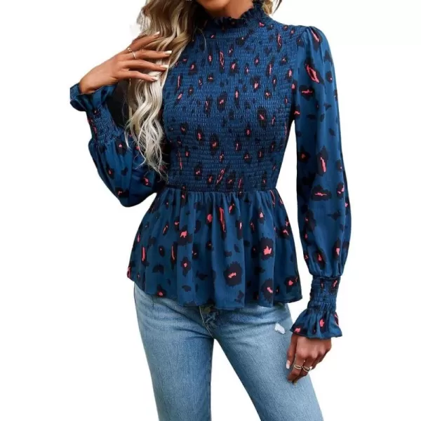 imagechouyatou Womens Floral Printed Puff Long Sleeve Flounce Boho Smocked Blouse TopsDark Blue