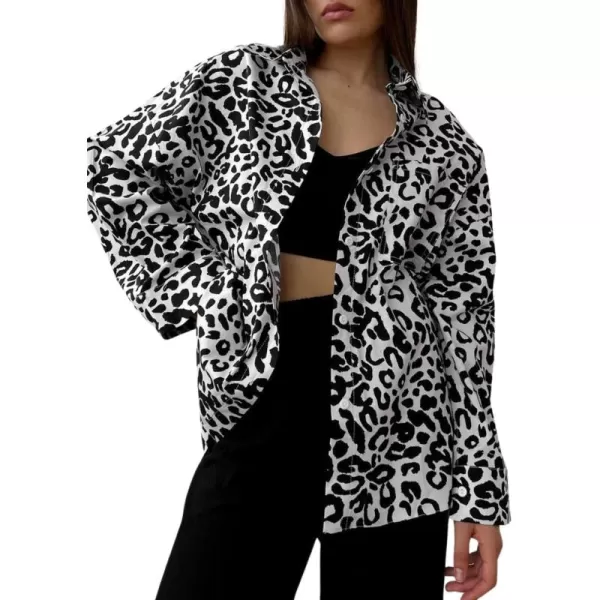 imagechouyatou Womens Leopard Floral Button Down Shirt Long Sleeve Lapel V Neck Loose Casual Work Blouse TopBlack White