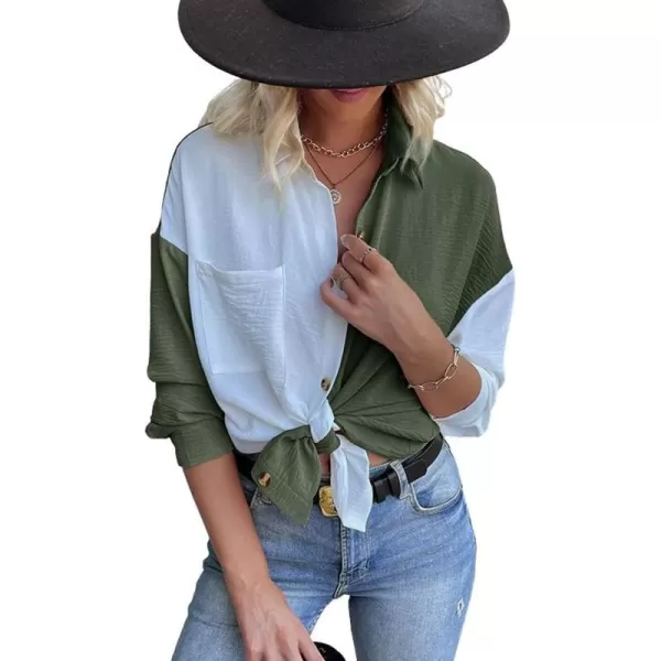 imagechouyatou Womens Loose Color Block Button Down Shirt Long Sleeve Oversized Boyfriend Blouse Spring TopsArmy Green