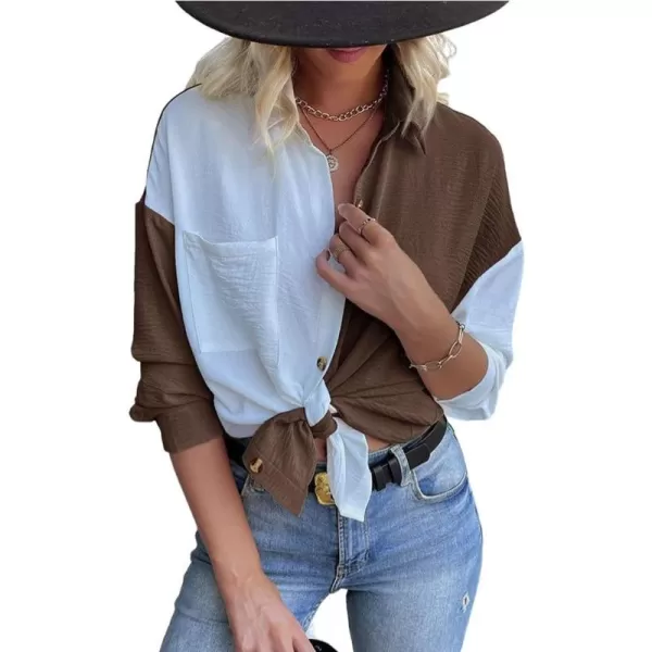 imagechouyatou Womens Loose Color Block Button Down Shirt Long Sleeve Oversized Boyfriend Blouse Spring TopsBrown