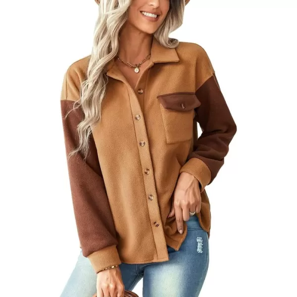imagechouyatou Womens Oversized Color Block Shirt Flannel Button Down Spliced Shacket TopsCaramel