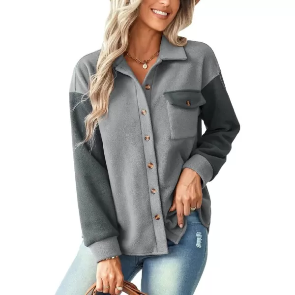 imagechouyatou Womens Oversized Color Block Shirt Flannel Button Down Spliced Shacket TopsGrey