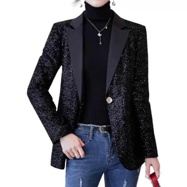 imagechouyatou Womens Party Shiny Sequin Sparkly Open Front Blazer Coat Notch Lapel One Button Cardigan JacketBlack
