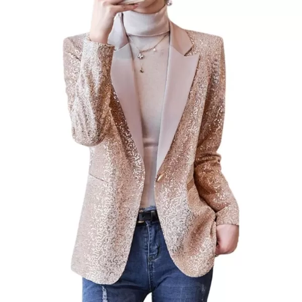imagechouyatou Womens Party Shiny Sequin Sparkly Open Front Blazer Coat Notch Lapel One Button Cardigan JacketChampagne