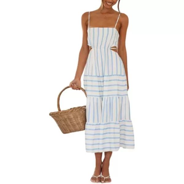imagechouyatou Womens Sexy Spaghetti Strap Smocked Dress Back Cut Out Swing Flowy Beach Maxi DressBlue White
