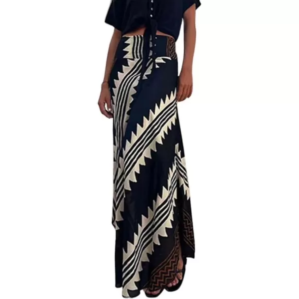 imagechouyatou Womens Smocked High Waisted Geo Striped Print Asymmetrical Hem Swing Midi Long SkirtBlack