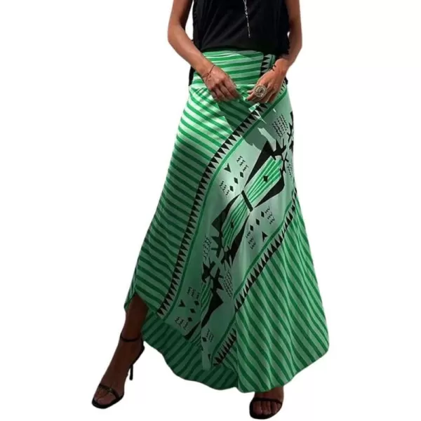 imagechouyatou Womens Smocked High Waisted Geo Striped Print Asymmetrical Hem Swing Midi Long SkirtGreen
