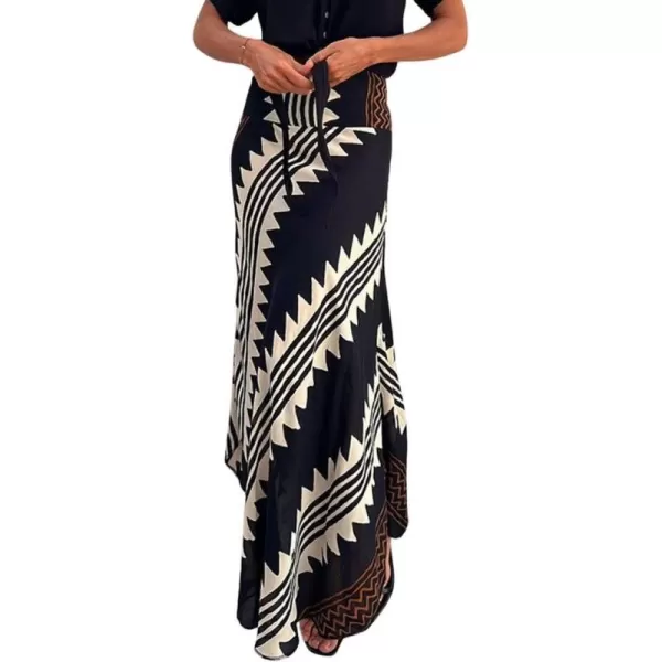 imagechouyatou Womens Smocked High Waisted Geo Striped Print Asymmetrical Hem Swing Midi Long SkirtNavy