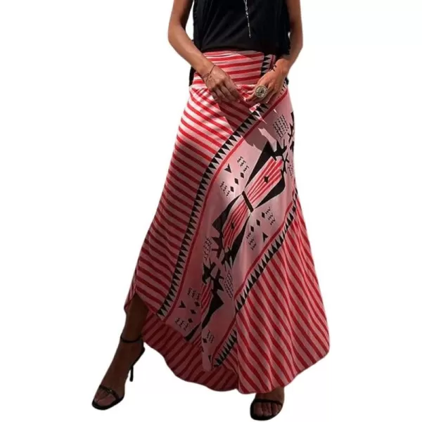 imagechouyatou Womens Smocked High Waisted Geo Striped Print Asymmetrical Hem Swing Midi Long SkirtRed