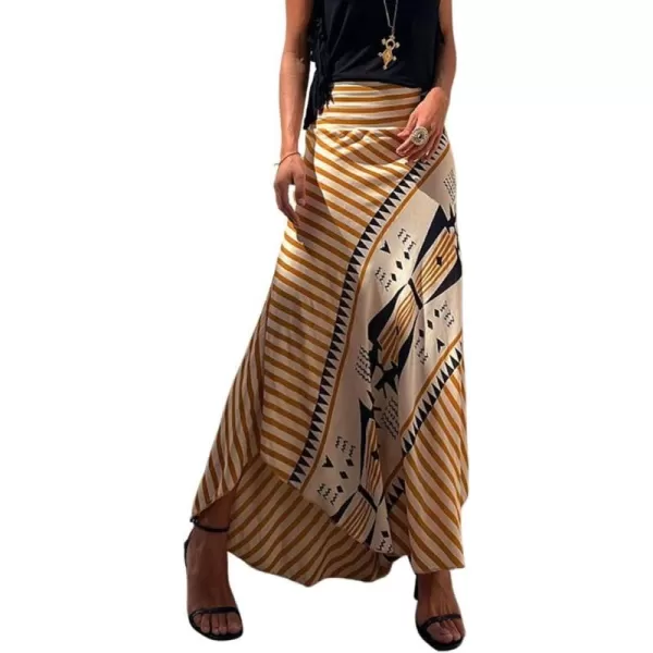 imagechouyatou Womens Smocked High Waisted Geo Striped Print Asymmetrical Hem Swing Midi Long SkirtYellow