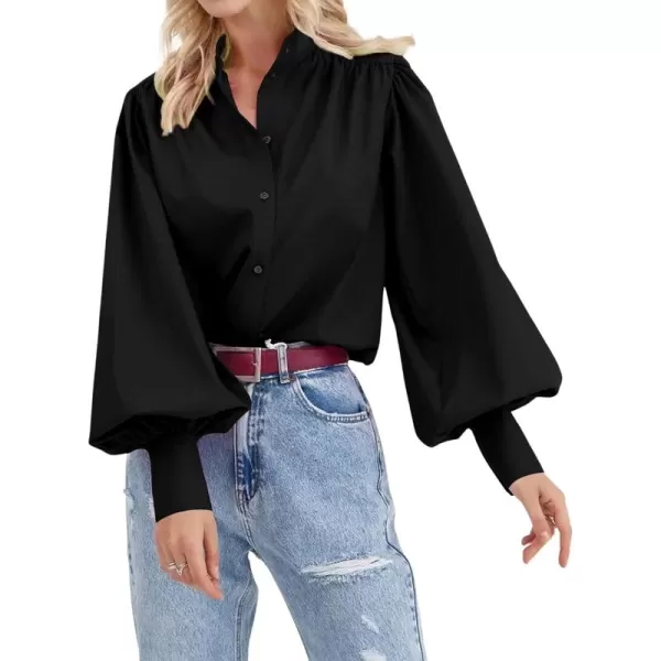 imagechouyatou Womens Spring Bishop Sleeve Button Down Shirt Band Collar Dressy Casual Top Work BlouseBlack