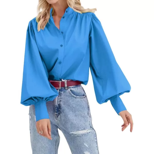 imagechouyatou Womens Spring Bishop Sleeve Button Down Shirt Band Collar Dressy Casual Top Work BlouseBlue