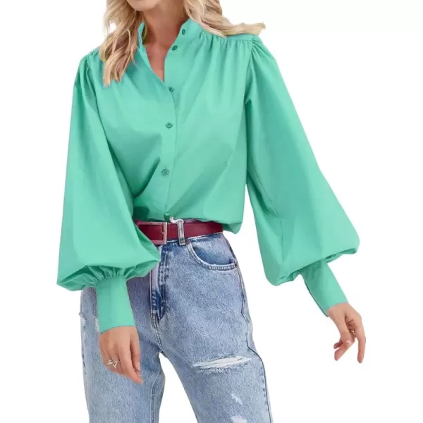 imagechouyatou Womens Spring Bishop Sleeve Button Down Shirt Band Collar Dressy Casual Top Work BlouseGreen