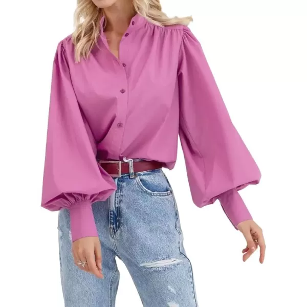 imagechouyatou Womens Spring Bishop Sleeve Button Down Shirt Band Collar Dressy Casual Top Work BlousePink