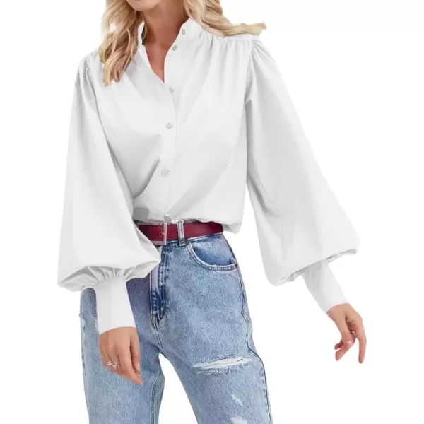 imagechouyatou Womens Spring Bishop Sleeve Button Down Shirt Band Collar Dressy Casual Top Work BlouseWhite