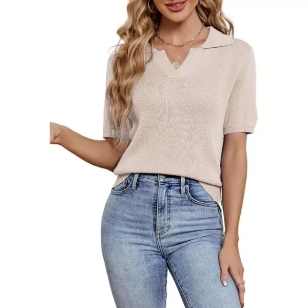 imagechouyatou Womens Spring Summer Short Sleeve Sweater Business Casual Top Blouse Polo TShirtApricot
