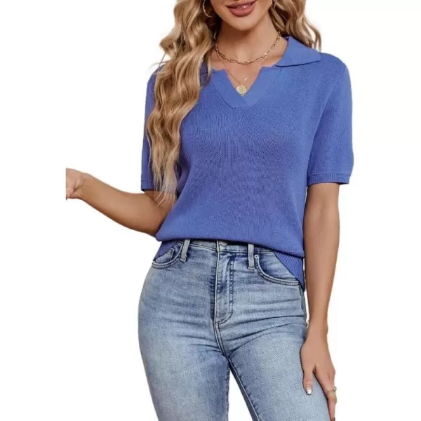 imagechouyatou Womens Spring Summer Short Sleeve Sweater Business Casual Top Blouse Polo TShirtBlue