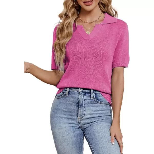 imagechouyatou Womens Spring Summer Short Sleeve Sweater Business Casual Top Blouse Polo TShirtHot Pink