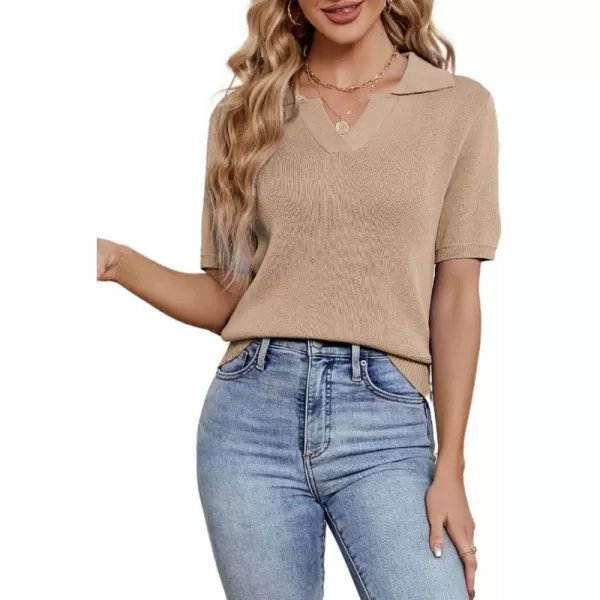 imagechouyatou Womens Spring Summer Short Sleeve Sweater Business Casual Top Blouse Polo TShirtKhaki